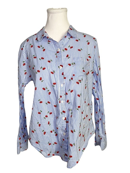 Love Notes Tops - Love Notes Blue White Striped Cherry Print Button-Down Shirt Size M